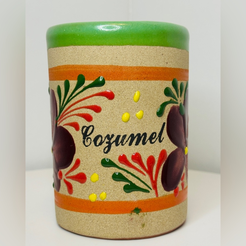Handmade Cozumel Mexico Multicolored Enamel Floral Folk Art Clayware Pottery Mug